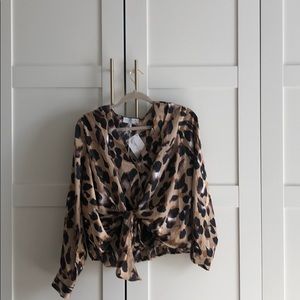 Leopard sateen tie front blouse